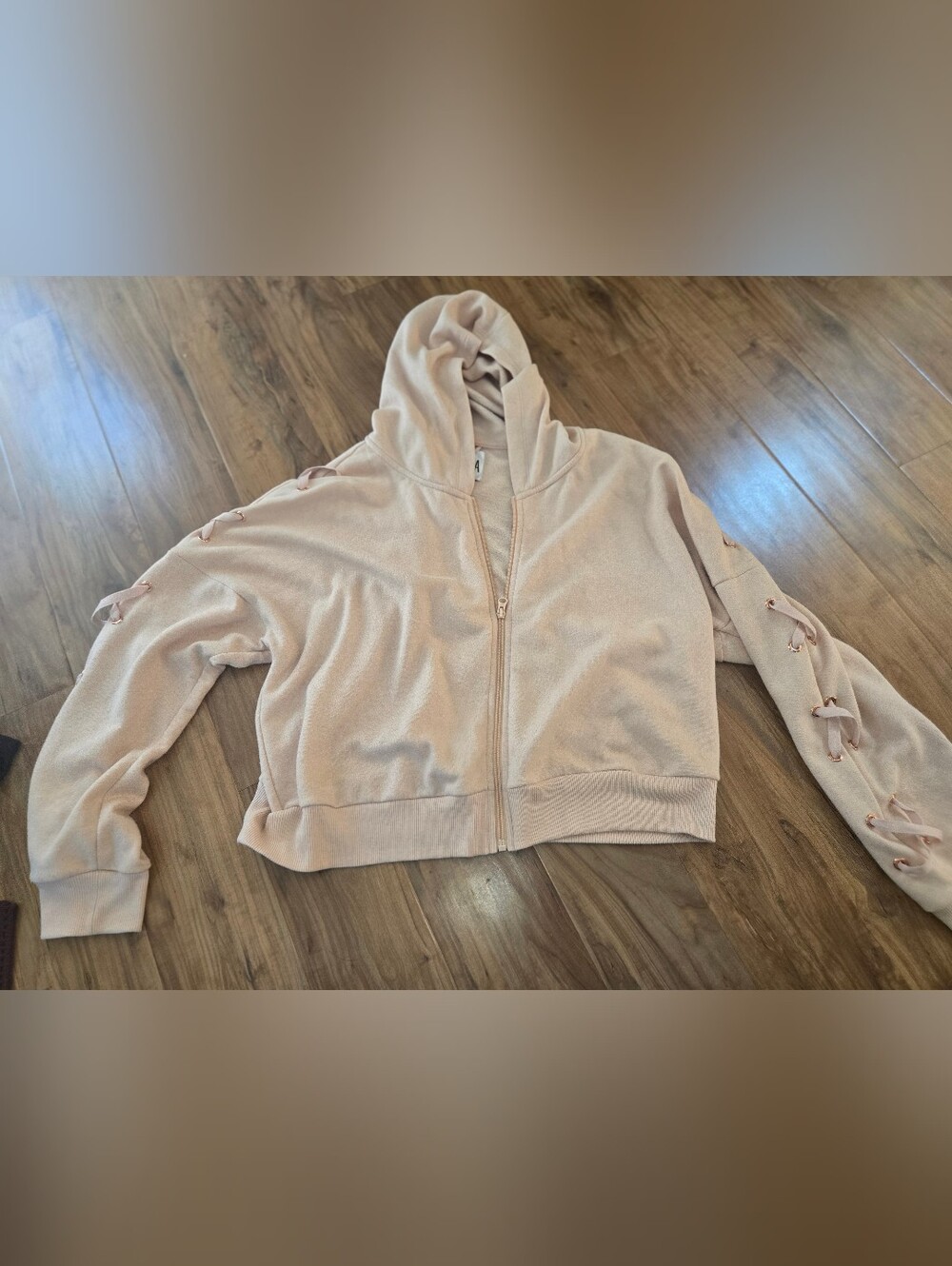 Victoria Secret Light Cream Hooded Zip-Up Jacket with Lace-Up Sleeve Detail